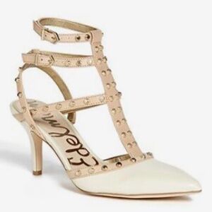 Sam Edelman Blush and Cream Studded T-Strap Kitten Heel